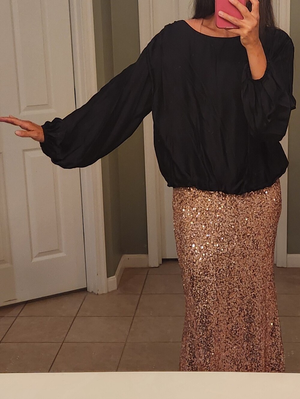 Anthropologie Balloon Sleeve Black Satin Top Formal Flattering Size L